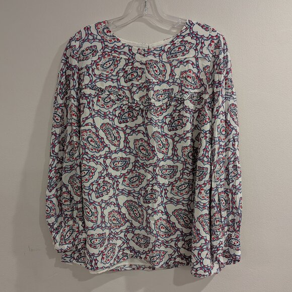 TALBOTS Pintuck Yoke Blouse 1X Paisley White Red Navy Blue Long Sleeve - Picture 5 of 13